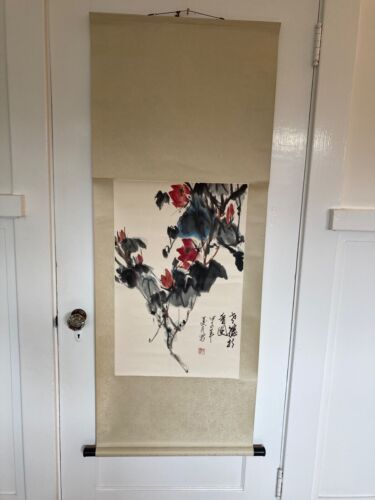 Vintage Chinese Hanging Watercolor Painting Scroll Flowers on a branch signed - Picture 1 of 4