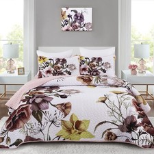 Floral Quilt Set Queen 3 Pieces Boho Blush Quilt Coverlet Set Soft Microfiber...
