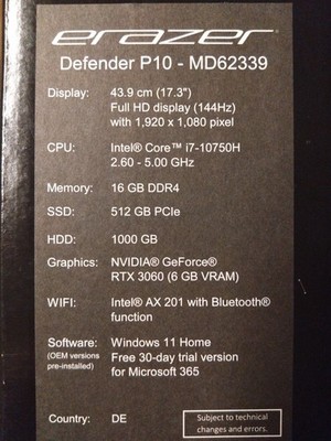 MEDION erazer Defender P10 MD62339 Laptop OVP Display+Schließmechanism. beeintr.