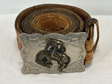 Vtg Tooled Leather Belt W/ Cowboy Rodeo Bucking Bronco Horse Brown 35  -40  