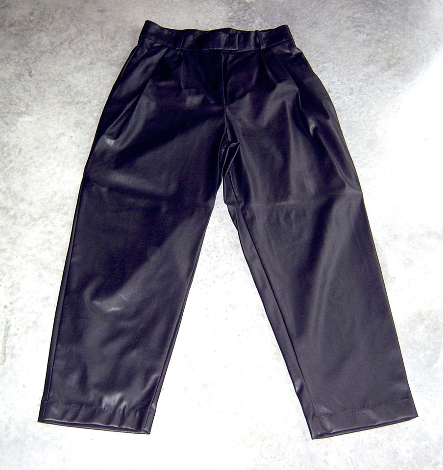 H&M Faux Leather Pleated Trousers Black High Rise Straight Leg Pants SZ 12 UK