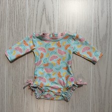 RuffleButts Swimsuit Baby Girls 0-3M Aqua Citrus Print Long Sleeve Rash Guard