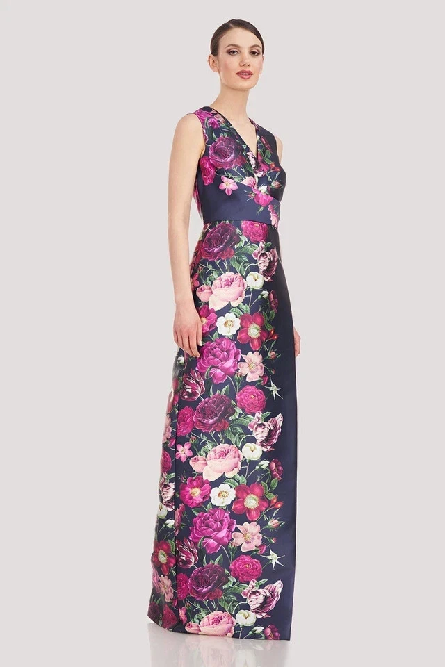 Vestido Kay Unger Azul Oscuro Medianoche Coralino Floral Imitación Envolvente Talla 6 $348 Foto 2 de 4