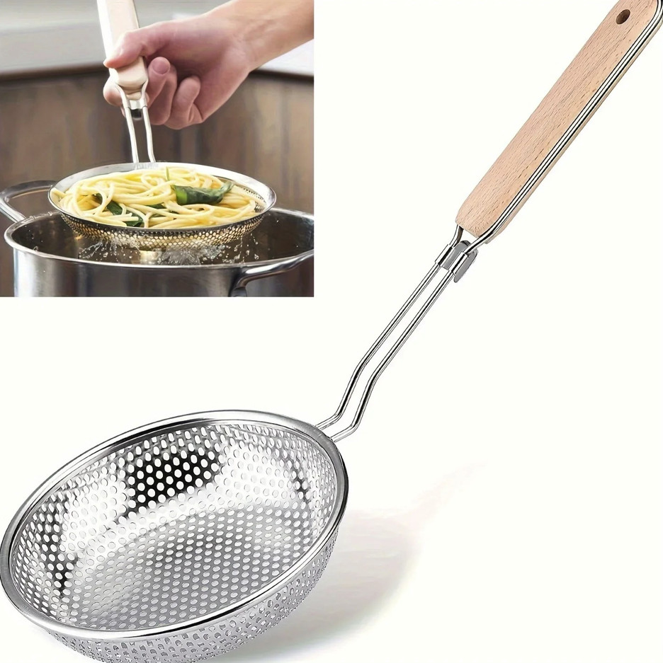 1pc Stainless Steel Mesh Skimmer Spoon with Wooden Handle Oil Strainer - NEW