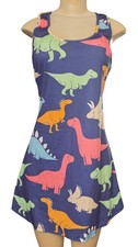Women’s Cartoon Dinosaur Print Racerback Mini Dress Navy Colorful Novelty Medium