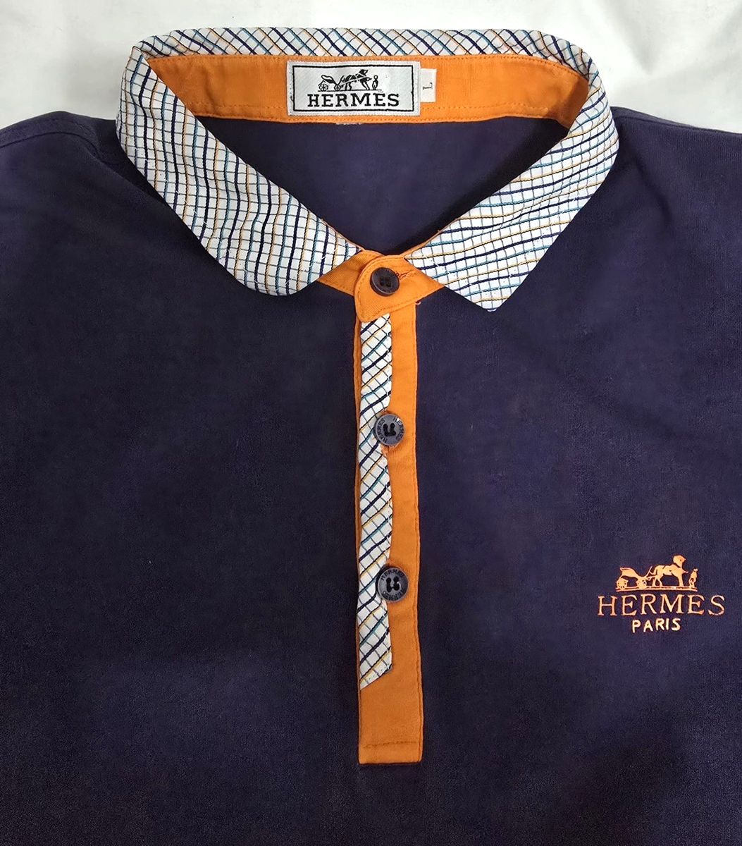 Hermes Paris Polo Shirt Navy Orange Trim Mens Cotton Designer