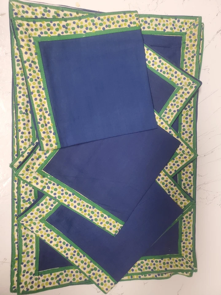 New 12pc Placemat Napkin Set 6 Mats 6 Napkins Navy Blue with Polka Dot Border - Image 2 of 4