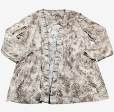 Chico's Womens Jacket Sz 2 US 12 Animal Print Ruffle Trim Open Front Stretch