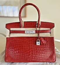 Hermes Birkin 30 Crocodile Red Rouge H with 18K White Gold Pave Diamond Hardware