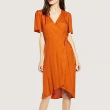 LEITH Orange Dot Wrap Dress 100% Viscose Short Sleeve Sz M