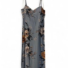Blue floral midi dress with adjustable straps and zipper back.