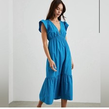 Rails Tina Midi Dress | Blue Cotton Poplin | Size Small | Flutter Sleeve