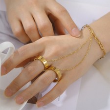 Women Gold Tone Stainless Steel Hand Chain Bracelet Finger Rings Link Chain
