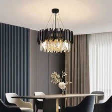 Luxury Crystal Chandelier 3-Tier 9 Lights Black Pendant Light for Dining Room 