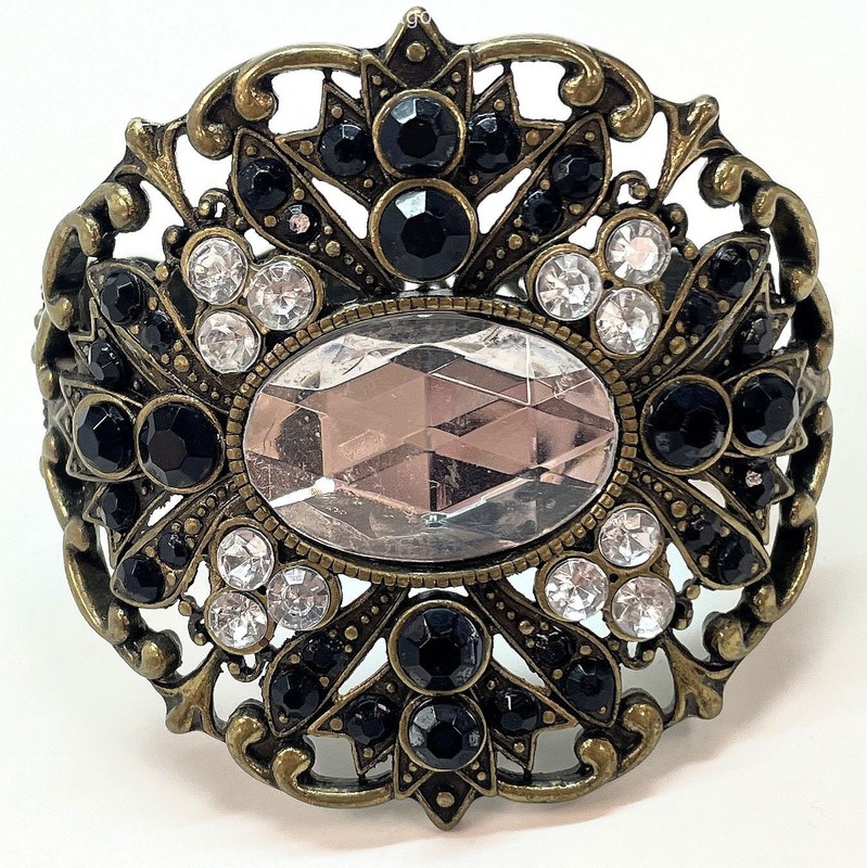 Vintage Bronze Tone Rhinestone Filigree Hinge Bracelet 67.6g
