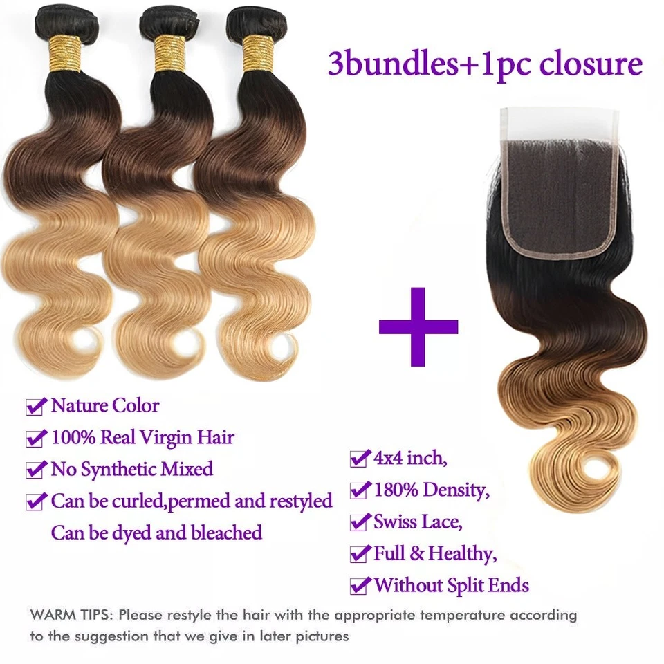 Paquetes de cabello humano Ombre con cierre onda corporal 4x4 cierre de encaje cabello 1b/4/27 Foto 3 de 4