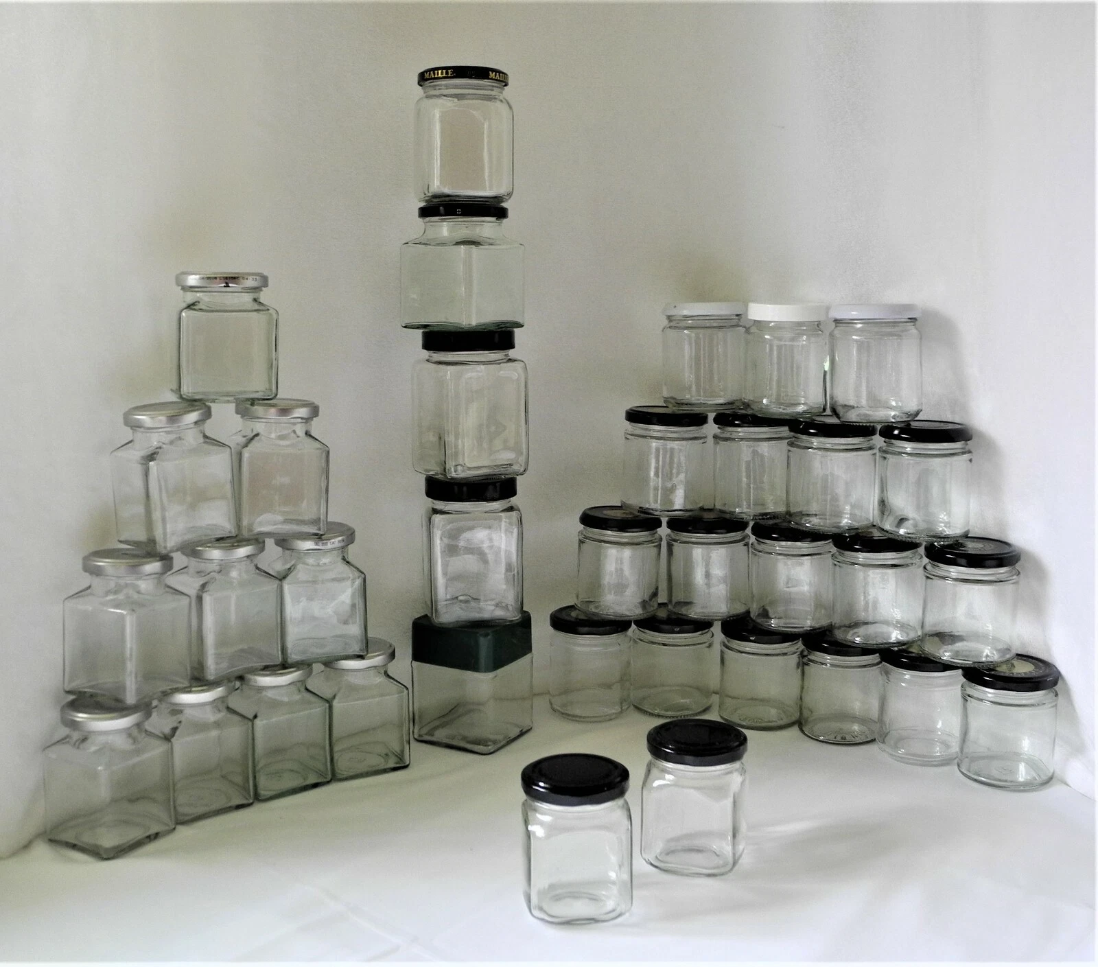 35 GLASS JAR BUNDLE CHUNKY SQUARE & SMALL JARS & LIDS : ASSORTED SIZES : COOKS