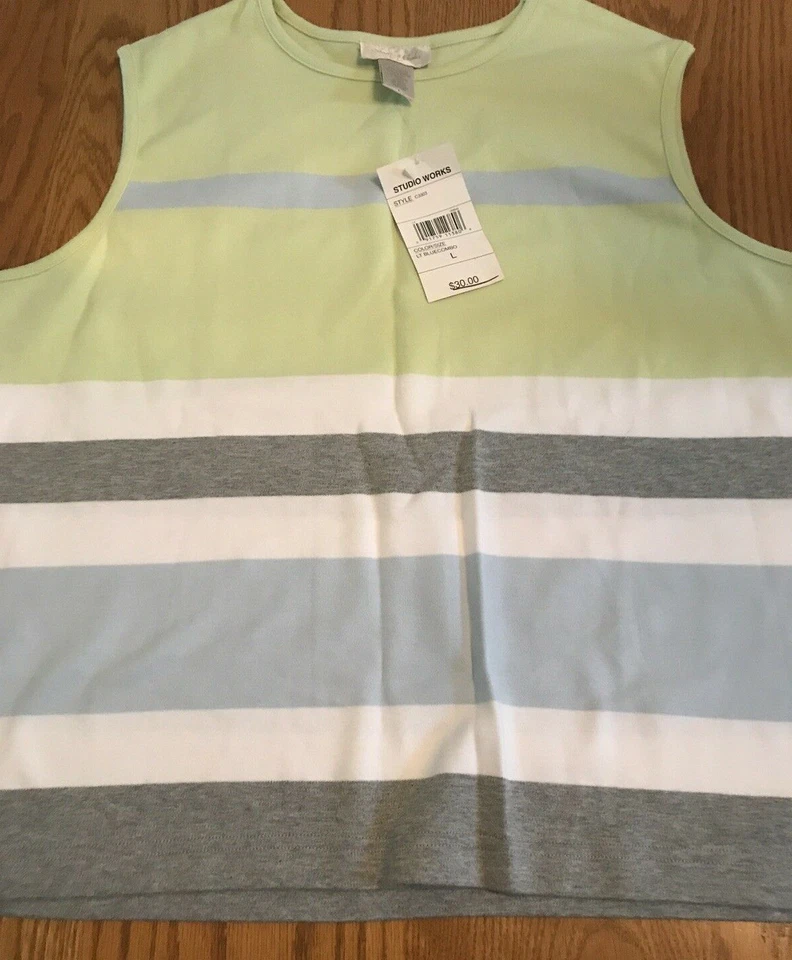 Pullover tejido sin mangas azul claro gris lima blanco talla L Studio Works Foto 2 de 4