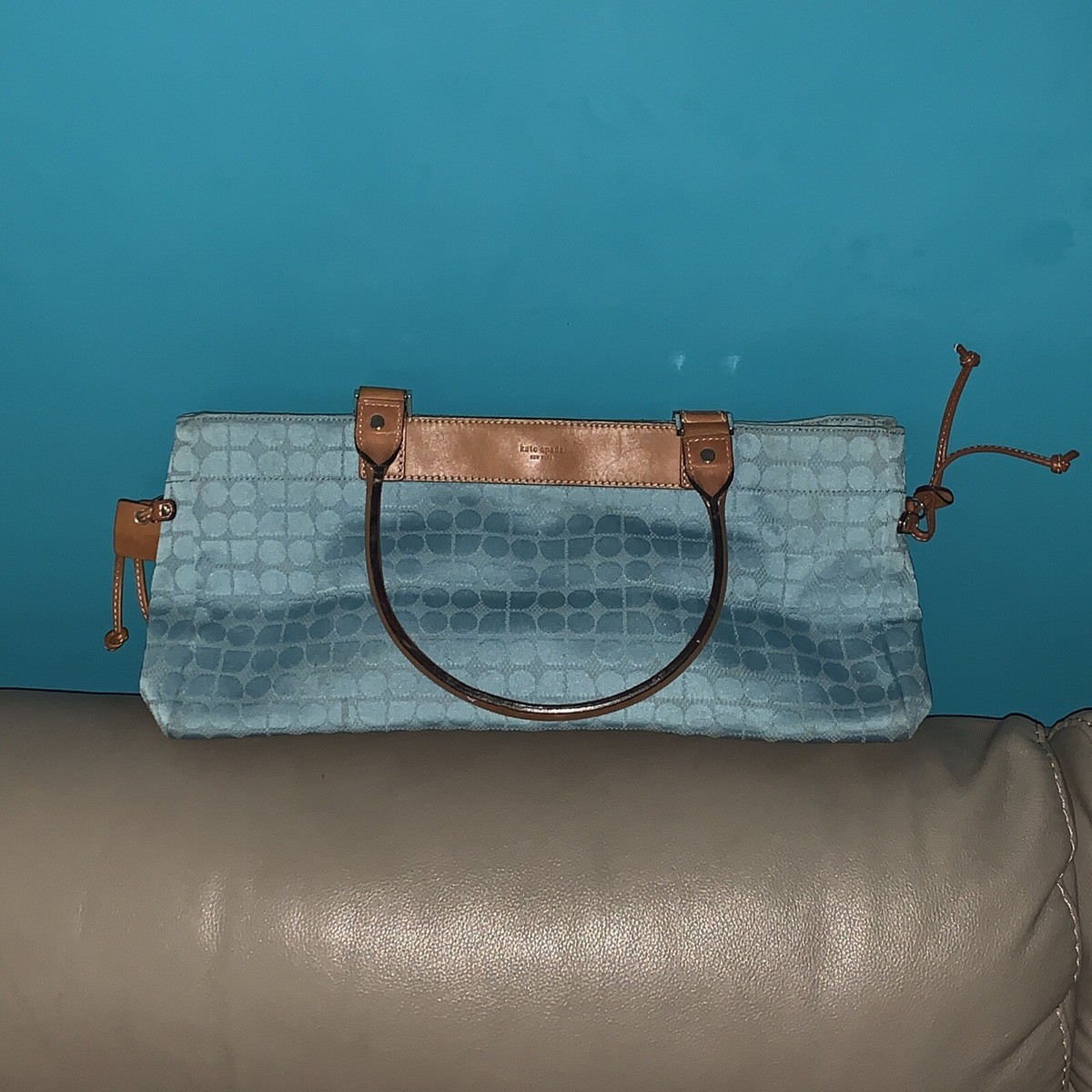 Kate Spade Blue Woven Handbag Purse Leather Accent Robin Egg Blue