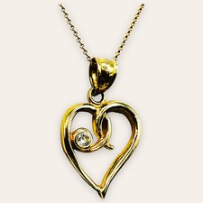 Solid 10k Yellow Gold White Stone Heart Pendant Necklace