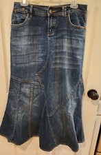 VTG 90s Gitano Size 6 Long Denim Blue Jean Skirt Pairie Patchwork Zigzag Modest