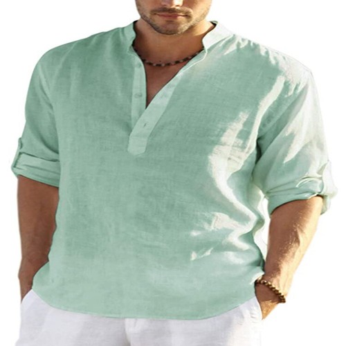 Mens Cotton Linen Long Sleeve Shirt Solid Loose Blouse Button Down Tops T Shirt - Picture 19 of 26