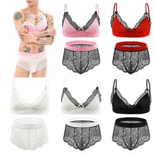 Herren Sissy BH SlipsUnterwäsche Verstellbarer Spitze Sexy Dessous Durchsichtig