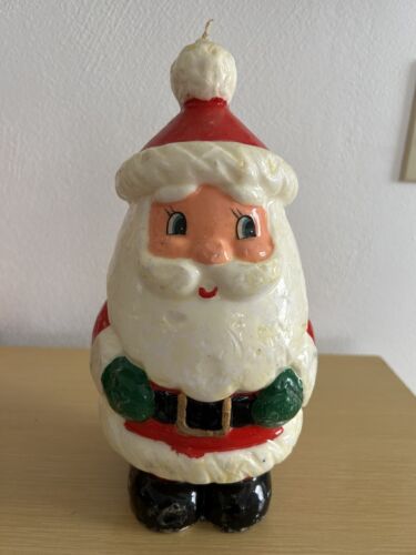 Vintage Christmas Red & White Santa Blue Eyes Green Gloves Wax Candle Unlit 10” - Picture 1 of 14