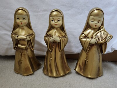 3 Vintage Singing Nuns Figurines Music Gold Christmas Choir Made in Japan