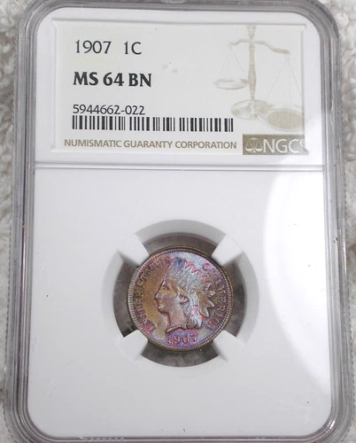 1907  INDIAN HEAD CENT NGC  MS 64 BN  NICE COLORFUL TONING AT BOTH SIDES