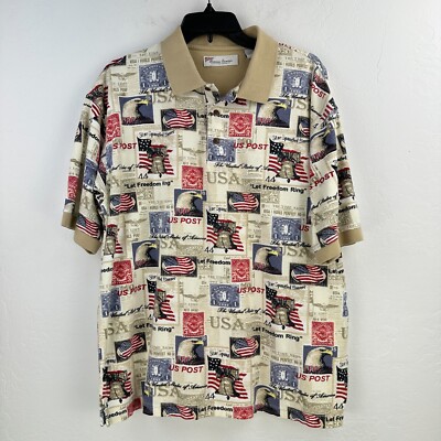 Vtg American Summer Polo Shirt Mens L Cream Post Office USA Flag Stamps Eagle