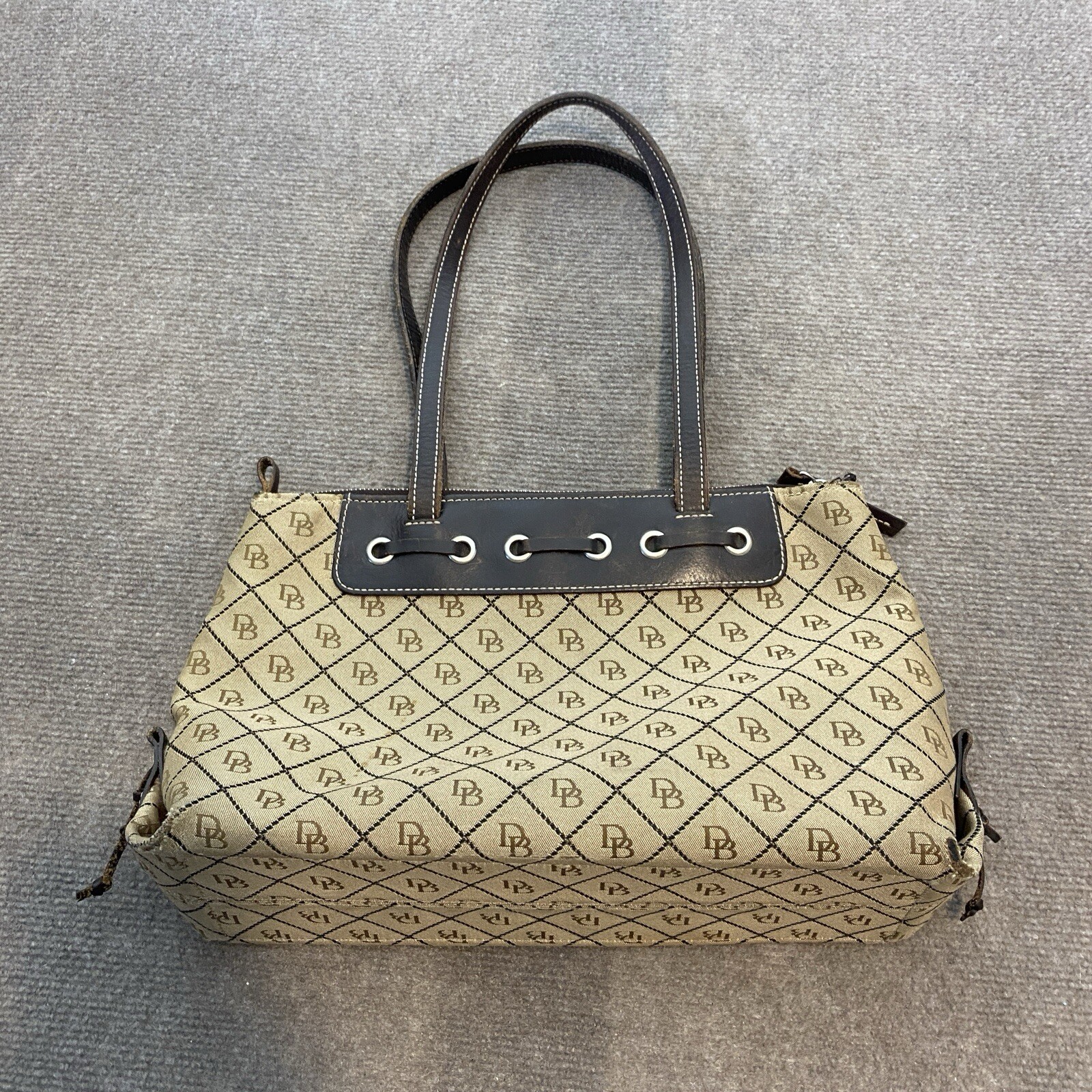 Dooney & Bourke Signature Medium Tote Bag Tan Canvas Leather Distressed