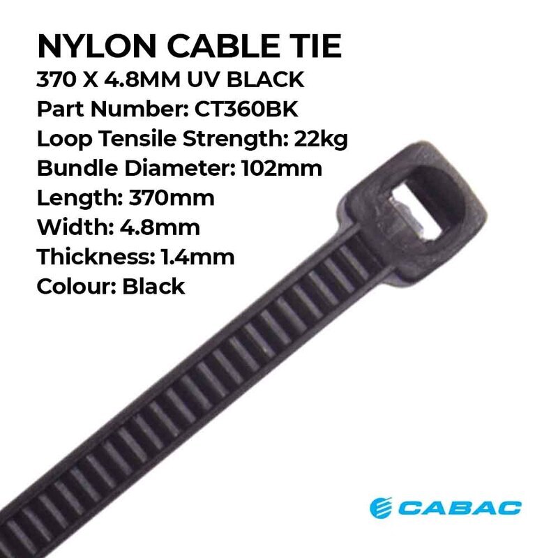 CABAC CABAC Cable Ties CT360BK 370mm x 4.8mm UV Resistant Black (100