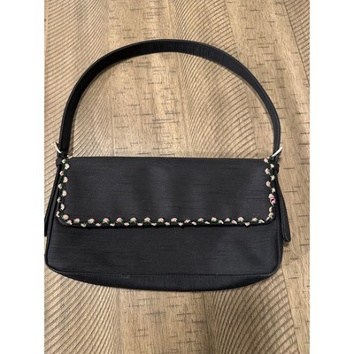 Vintage ESPRIT Y2K Black Baguette Bag with Rosebud Embroidery
