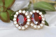 2Ct Oval Cut Halo Lab Created Red Ruby Stud Earrings In 14k Yellow Gold Plated