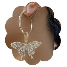 Wiwpar Large Butterfly Hoop Dangle Earrings Sparkly 3.5 inches, Gold