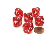 Pack of 6 Tens D10 10-Sided Transparent Dice - Red with White Numbers