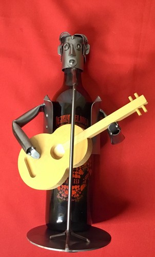 H&K Steel Sculpture Elvis Impersonator Wine Bottle Holder Microphone Wood Guitar - Picture 2 of 12