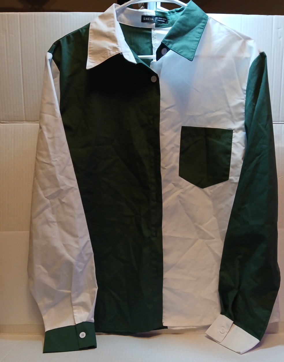 Shein Long Sleeve Button Up Blouse Womens Size Large Green And White