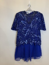 Vintage Sequin Beaded 80s Silk Top Skirt Set Blue India Glam Party