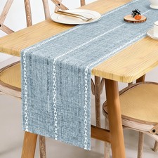 Dusty Blue Cotton Linen Table Runner,Boho Rustic Farmhouse Embroidered Hollow...