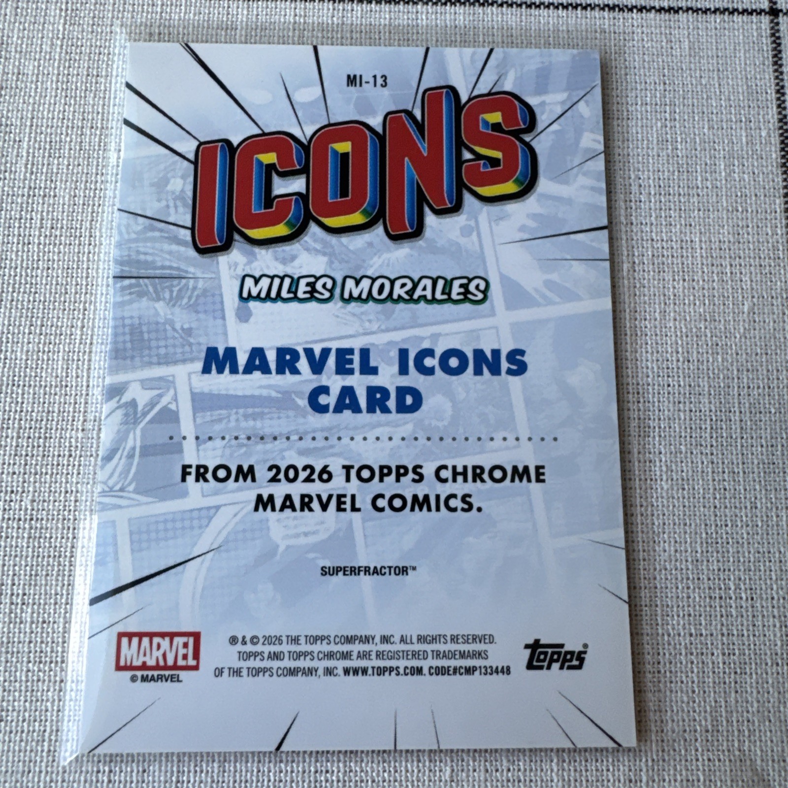 2026 Topps Chrome Marvel Comics Miles Morales Icons Superfractor #1/1 MI-13 view 2