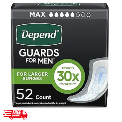 Depend Guards Incontinence Pads for Men, Maximum Absorbency, 52 Count, Packaging