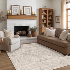 5x7 Washable Area Rug Neutral Vintage Beige Distressed Non Slip Low Pile Trad...