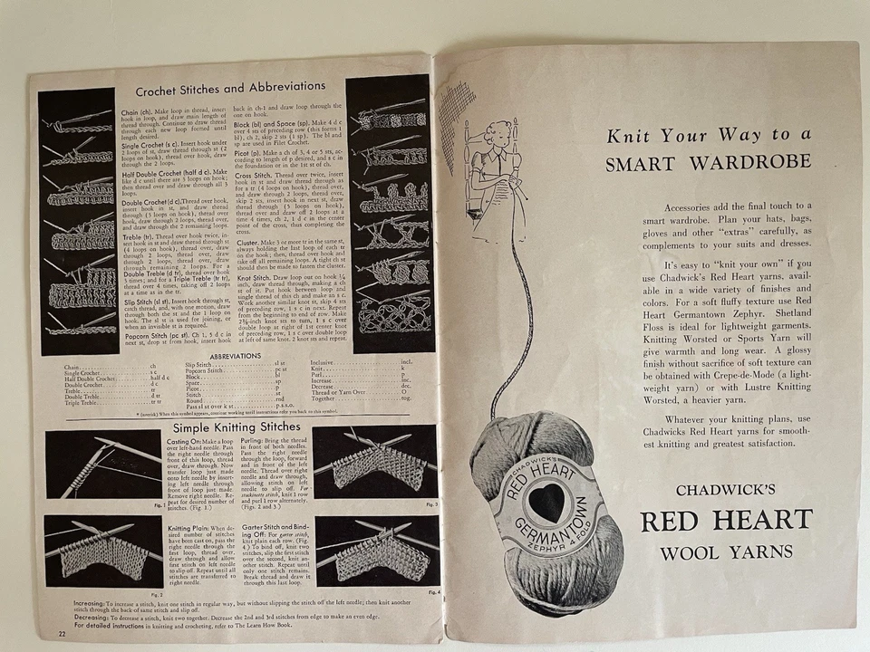 Libro 108 de colección de accesorios de lana de 1937 con patrón de ganchillo y tejido - hilo corazón rojo Foto 2 de 4