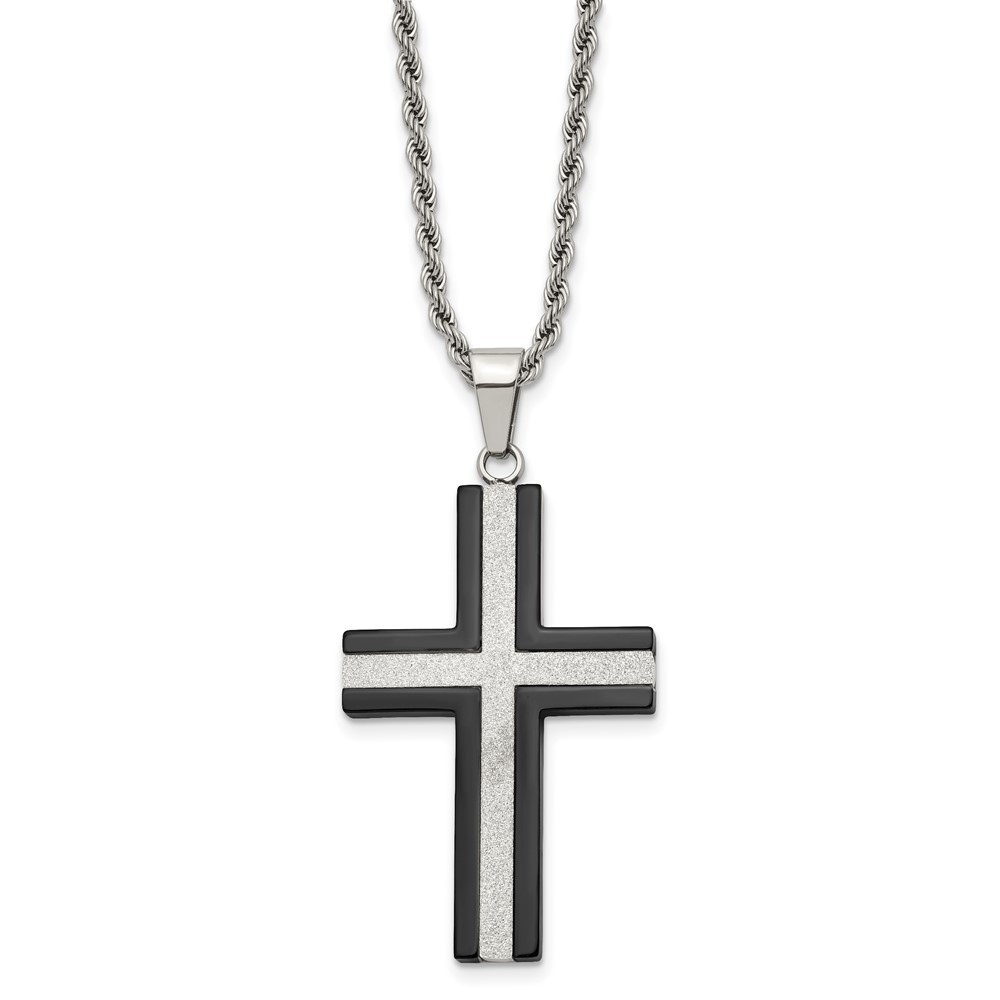 Stainless Steel Black IP-plated Laser Cut Cross Pendant Rope Chain Necklace 24