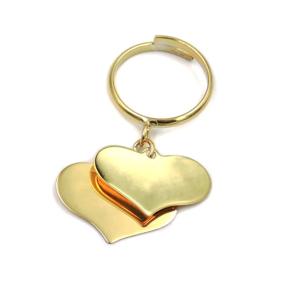Anello 2 Ciondoli Cuore in Argento 925 Placcato Oro, Incisione Inclusa - Immagine 3 di 4