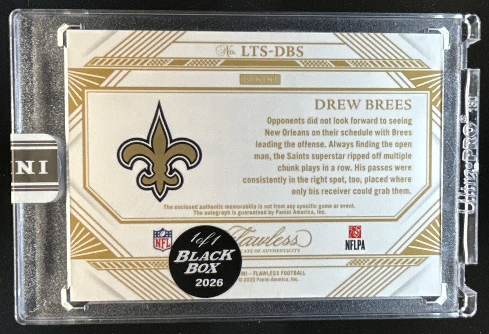 2026 Black Box Drew Brees 2025 Flawless Emerald Nike Patch Auto Autograph #1/1 view 2