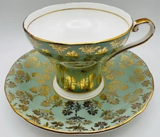 AYNSLEY SAGE GREEN CORSET CUP & SAUCER GOLD FLORAL CHINTZ GILT; VINTAGE TEACUP