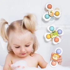 3pcs Baby Suction Cup Spinner Toys Cartoon Sensory Fidget Bath Toy Gift